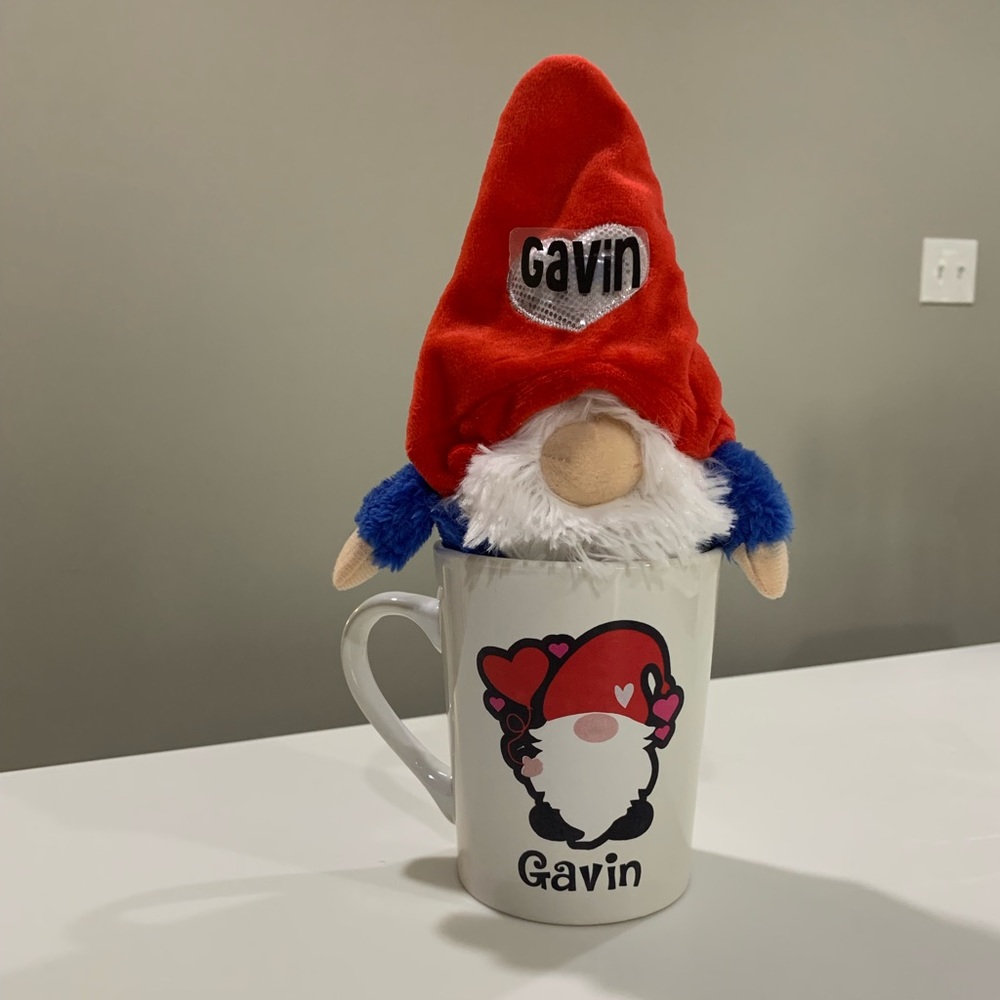 Personalized gnome Valentine’s Day mug and plush